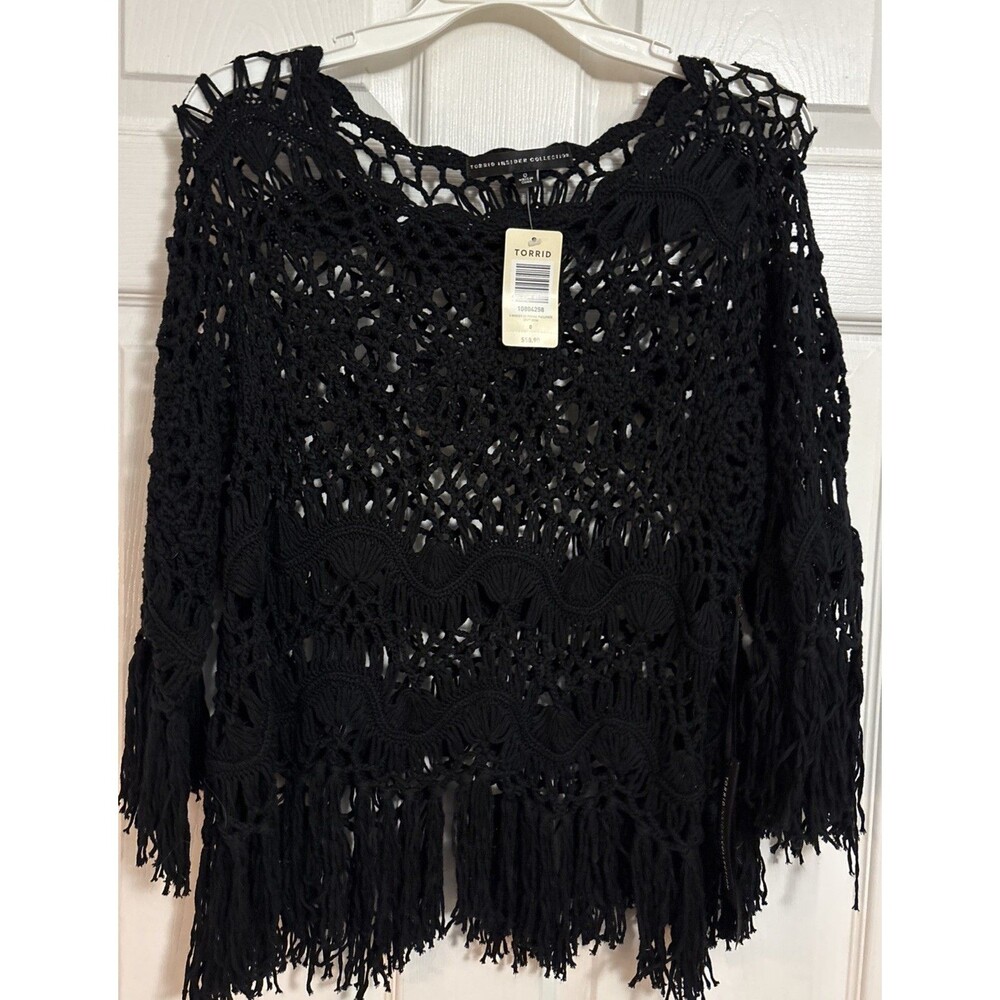 NWT $58 Torrid Insider Collection Black Crochet Fringe Pullover Sweater,  Size 0